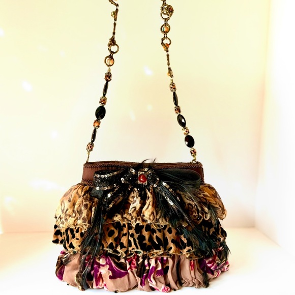 Mary Frances Leopard and Floral Beaded Shoulder Bag  Accented with Feathers - Picture 6 of 11